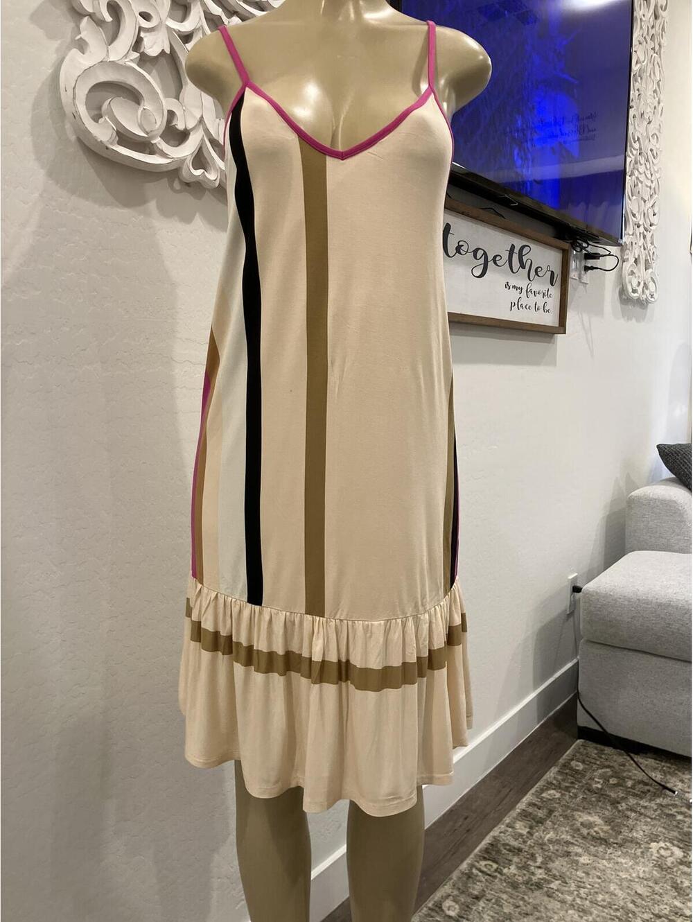 Agnes & Dora Beige Multi-Stripe Spaghetti Strap Ruffle Hem T